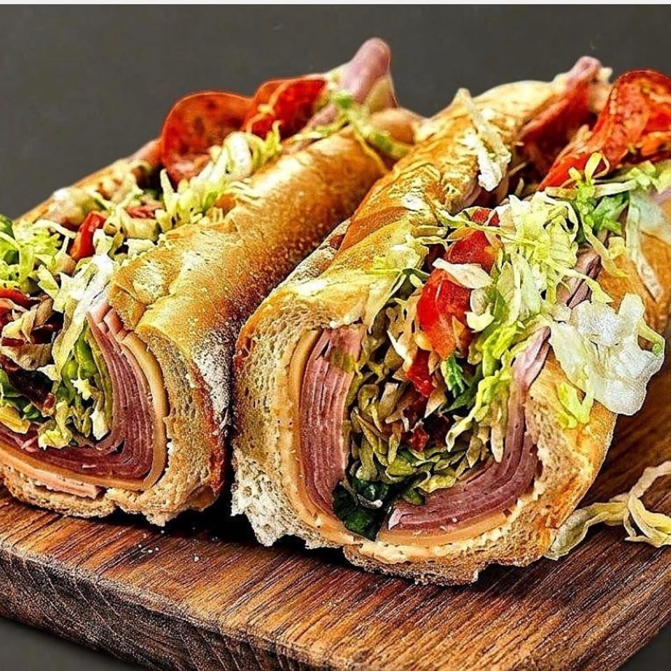 Two halves of a large, loaded submarine sandwich with meats, cheese, lettuce, and tomatoes on a wooden board.