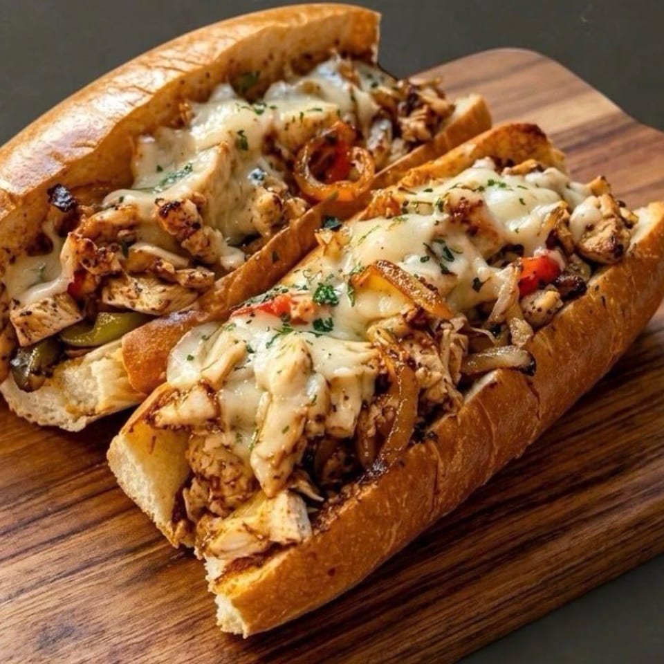 Two chicken cheesesteak sandwiches with melted cheese, peppers, and onions on a wooden cutting board.
