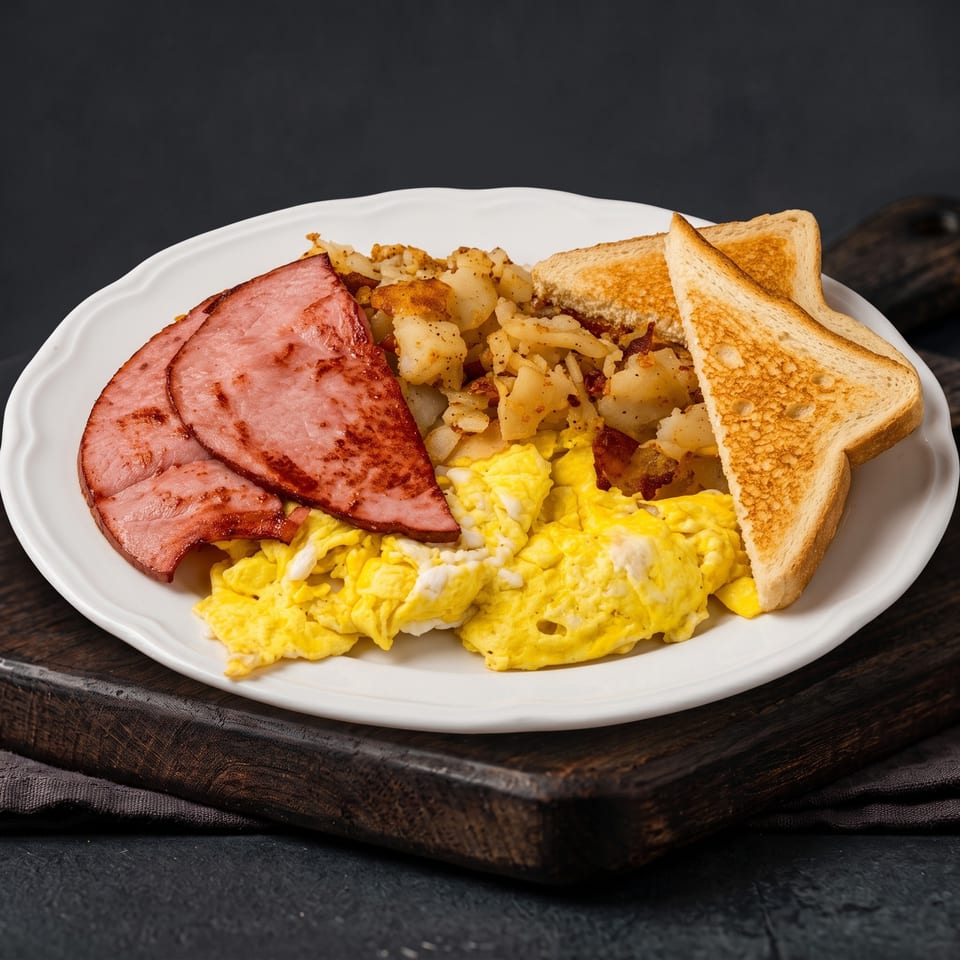 Breakfast plate with sliced ham, scrambled eggs, home fries, and two pieces of toast.