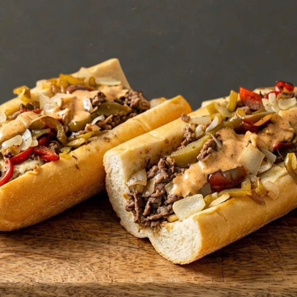 Two loaded cheesesteak sandwiches with meat, peppers, onions, and sauce on a wooden board.