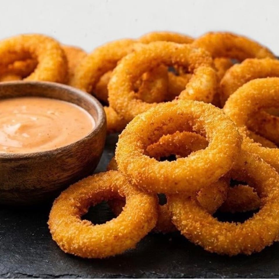 Golden-brown onion rings piled next to a wooden bowl of creamy dipping sauce on a dark slate surface.