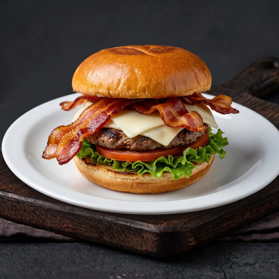 A bacon cheeseburger with lettuce and tomato on a white plate, on a dark wooden board.