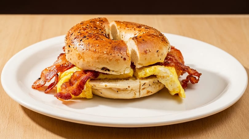 Everything bagel with scrambled eggs and crispy bacon on a white plate.