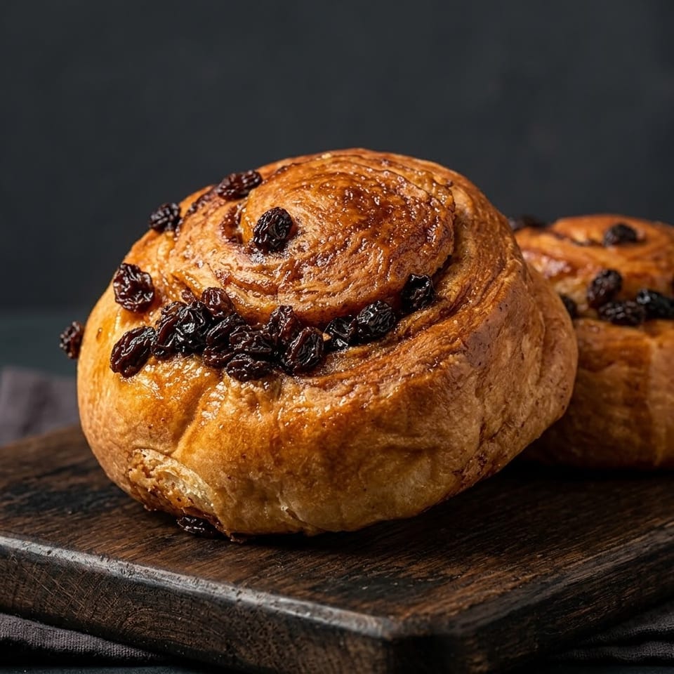 Two golden-brown raisin rolls with a glossy glaze sit on a dark wooden board.