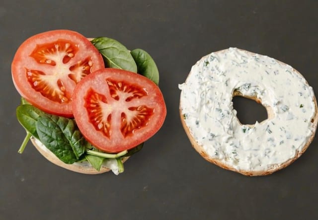 Bagel with Cream Cheese, Tomato and Spinach.