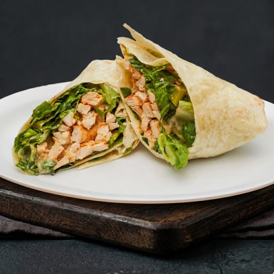 Two halves of a chicken Caesar wrap, filled with chicken, lettuce, and dressing, on a white plate.