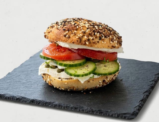 Bagel With Cream Cheese, Tomato & Cucumbers.