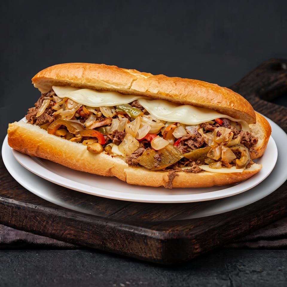 A delicious cheesesteak sandwich, filled with steak, onions, peppers, and melted cheese, on a white plate.
