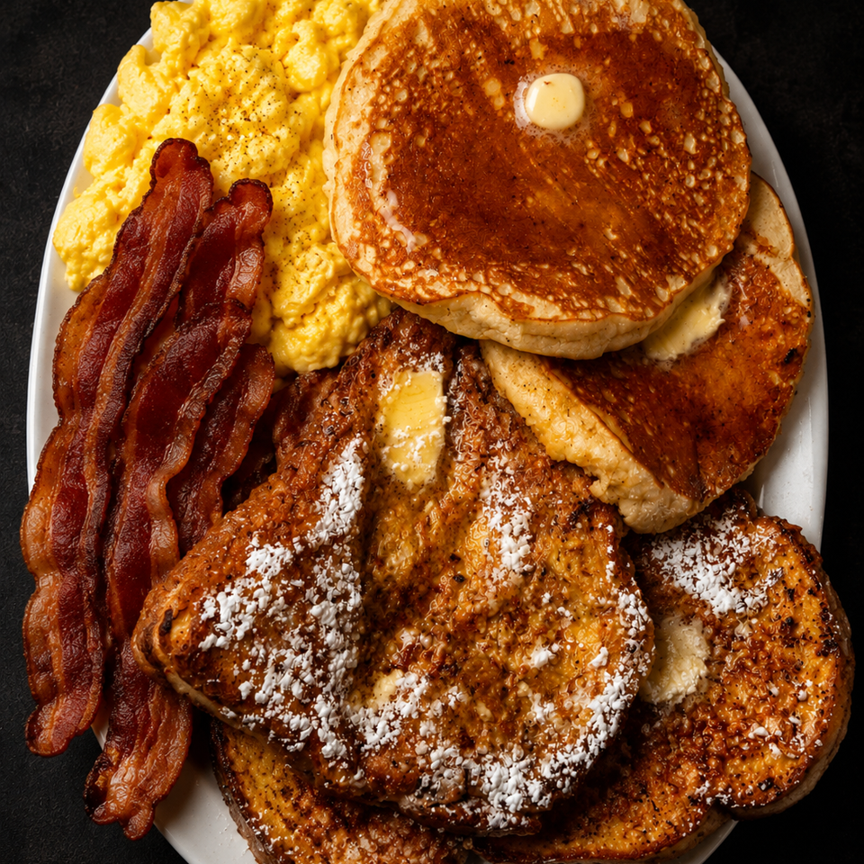 Breakfast platter with pancakes, scrambled eggs, bacon, and powdered-sugar French toast on a white plate.