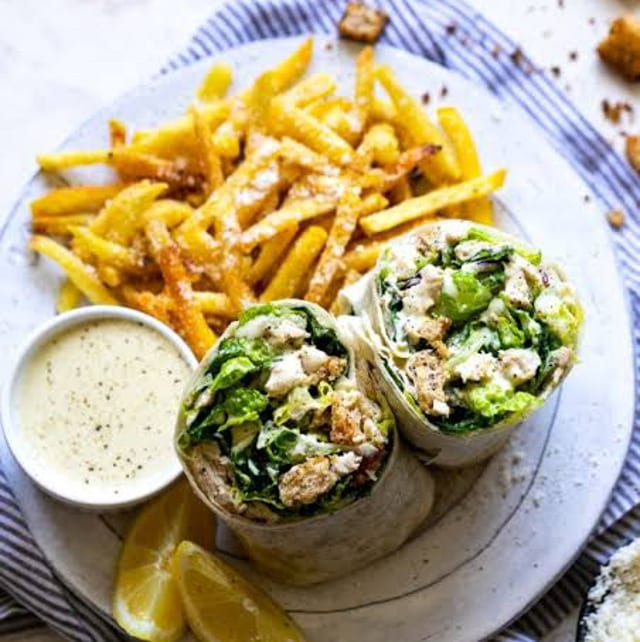 Chicken Caesar Wrap Platter with Fries.