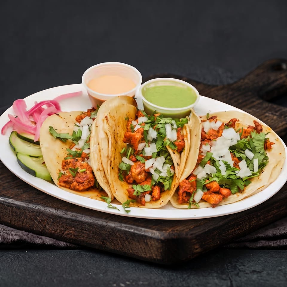 Three chicken tacos with cilantro, onions, pickled red onions, cucumbers, and two sauces.