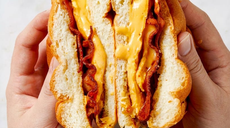 Hands holding a sliced breakfast sandwich filled with crispy bacon and melted cheese.