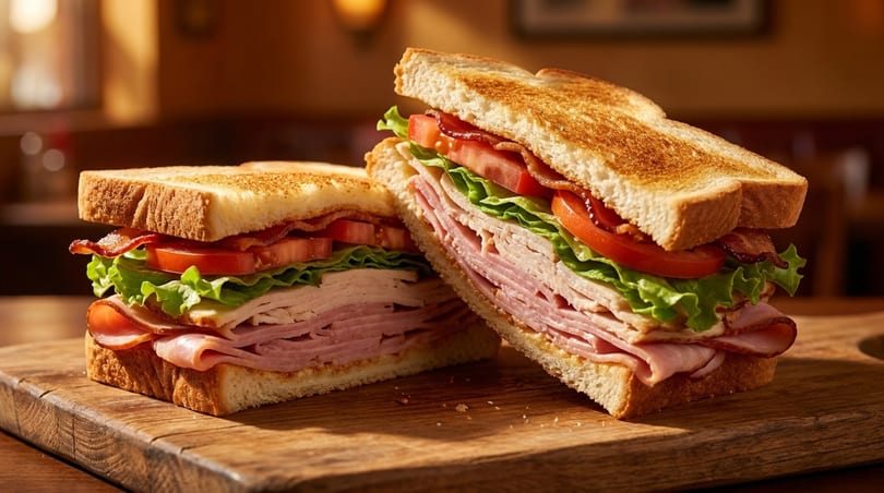 Two halves of a club sandwich with turkey, ham, bacon, lettuce, and tomato on toasted bread.