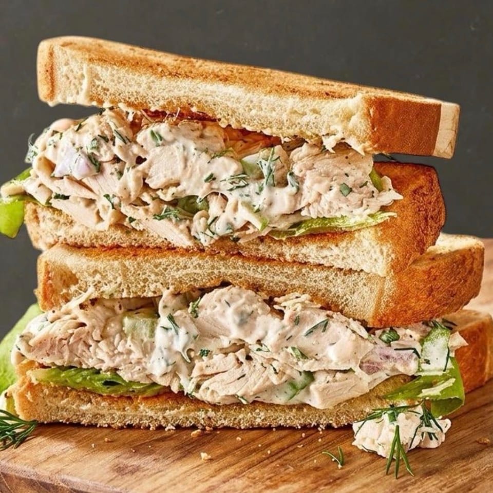 Stacked toasted sandwiches filled with creamy herb chicken salad, lettuce, cucumber, and avocado on a wooden board.