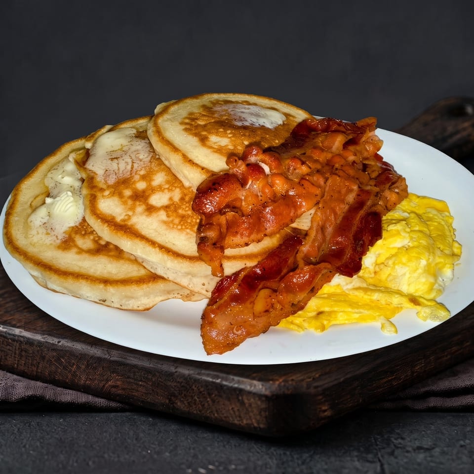 A breakfast plate with pancakes, crispy bacon, and fluffy scrambled eggs on a dark background.