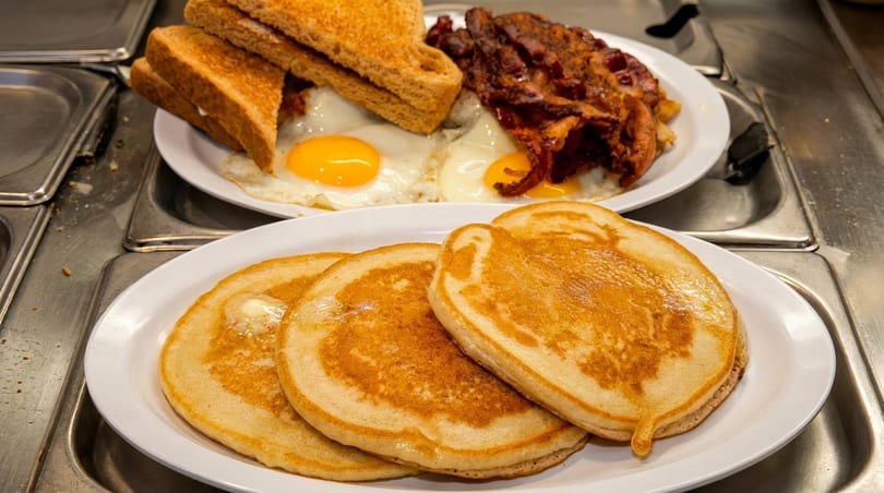 Plates of pancakes with butter, and a breakfast with eggs, bacon, and toast on a metal counter.